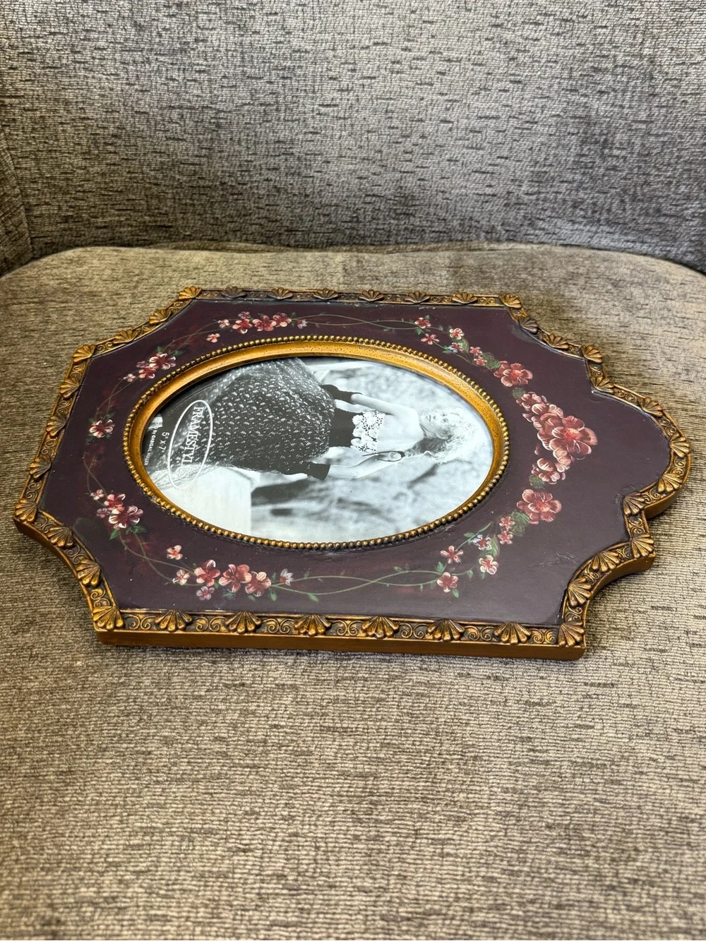 Vintage Painted Floral and Ornate Gold Trim Heavy Picture Frame.